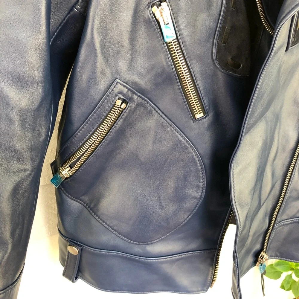 Coach Jacket Moto Leather Blue Zippers NWT 4